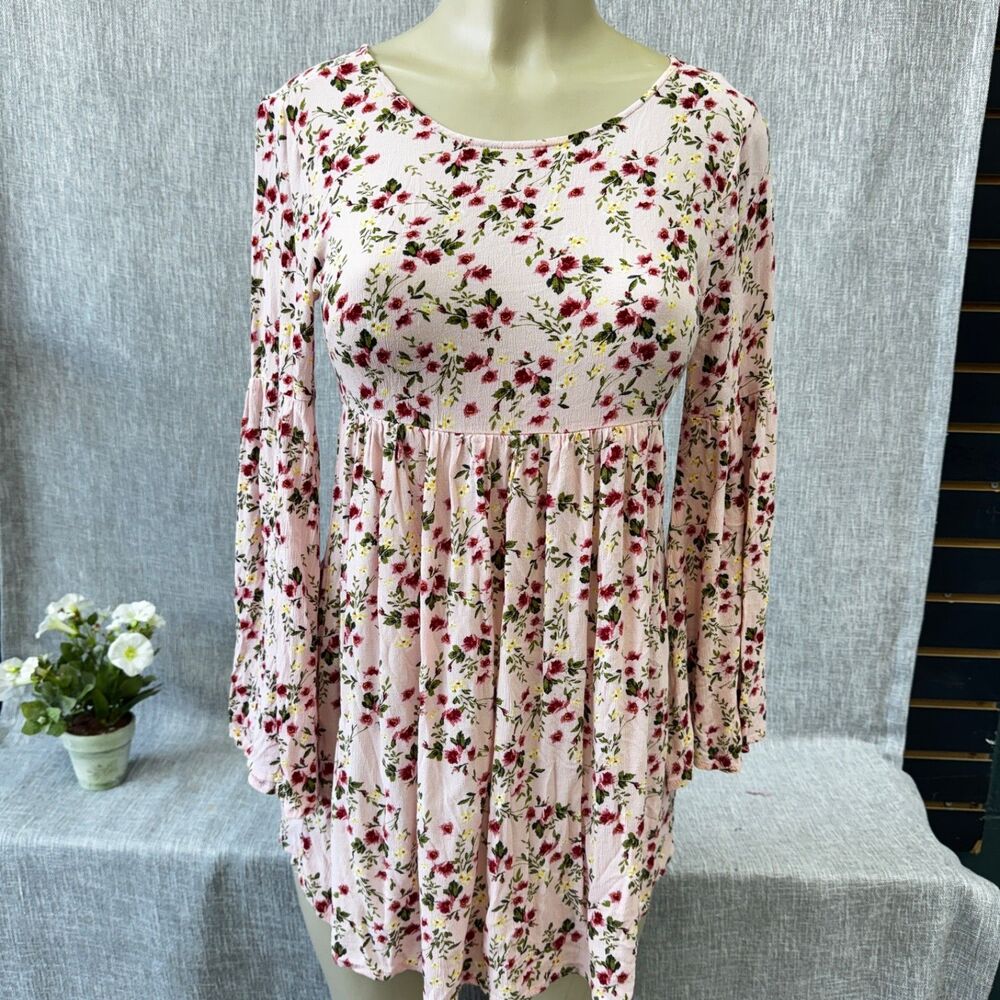 Forever 21 Pink Floral Dress S Small Bella Bell Sleeve Fit Flare Short Mini boho